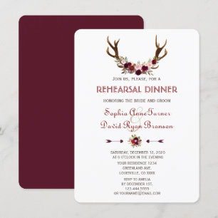 Charm Fall Marsala Floral Antlers Rehearsal Dinner Invitation