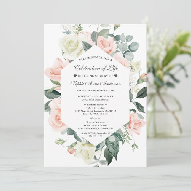 Charm Floral Celebration of Life Funeral Memorial Invitation (Standing Front)