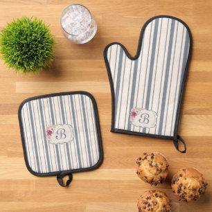 Charm French Farmhouse Blue and white Striped Oven Mitt & Pot Holder Set