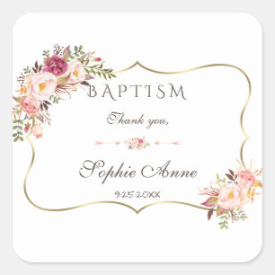 Charm Gold Blush Pink Floral Baptism Square Sticker