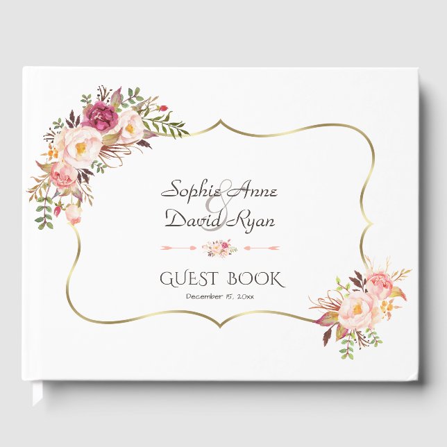 Charm Gold Blush Pink Floral Wedding Guest Book (Front)