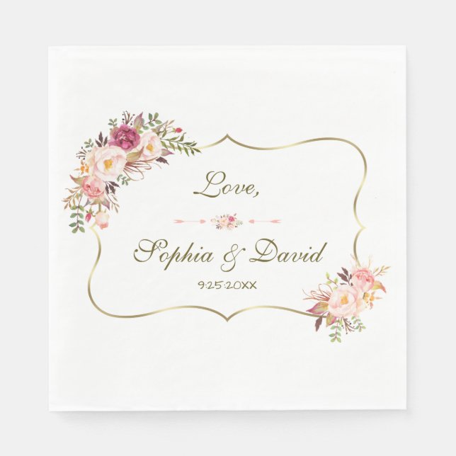 Charm Gold Blush Pink Floral Wedding Napkin (Front)