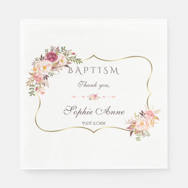 Charm Gold Blush Watercolor Floral Baptism Napkin (Front)