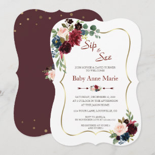 Charm Gold Burgundy Floral Sip & See Baby Shower Invitation