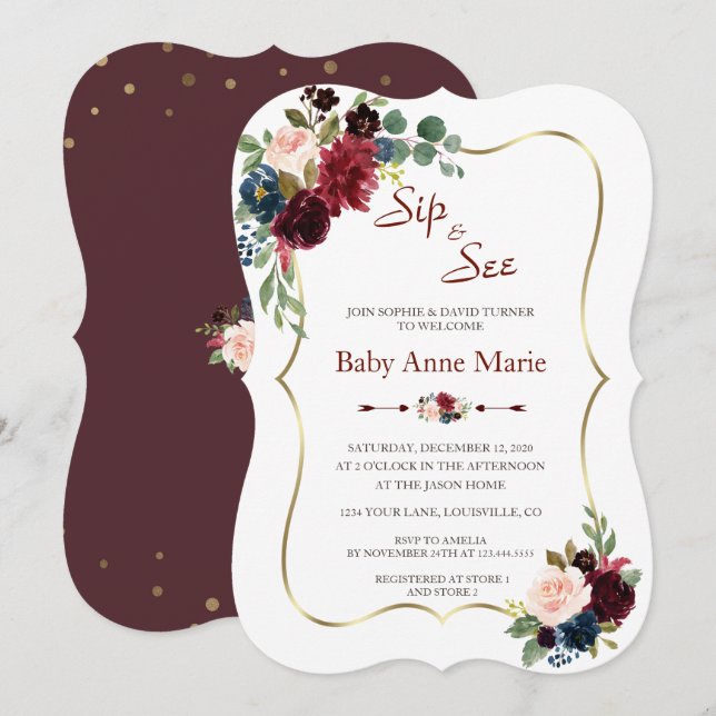 Charm Gold Burgundy Floral Sip & See Baby Shower Invitation (Front/Back)