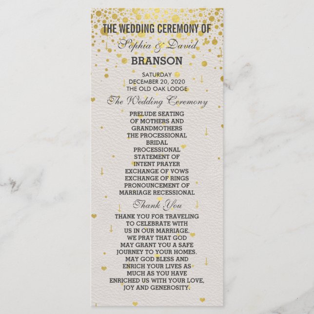Charm Gold Confetti White Leather Wedding Program Programme (Front)