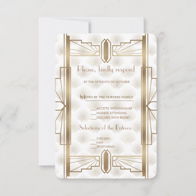 Charm Gold Great Gatsby Art Deco 20s Wedding RSVP Card (Front)