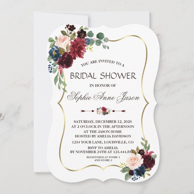 Charm Gold Merlot Navy Blue Floral Bridal Shower Invitation (Front)