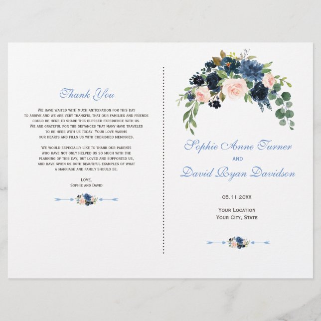 Charm Gold Navy Blue Blush Flowers Bloom Program Flyer (Front)