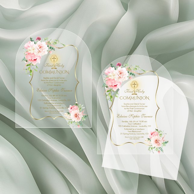 Charm Gold Spring Blush Floral Girl Holy Communion Acrylic Invitations (Creator Uploaded)