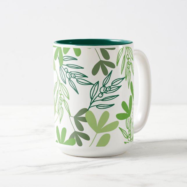 Charm Green Shading Leaves Pattern Two-Tone Coffee Mug (Front Right)