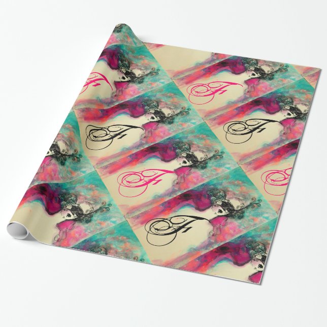 CHARM /Lady With Mask Monogram Pink Teal Green Wrapping Paper (Unrolled)