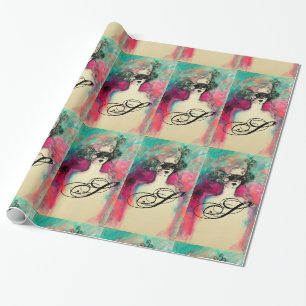 CHARM /Lady With Mask Monogram Pink Teal Green Wrapping Paper