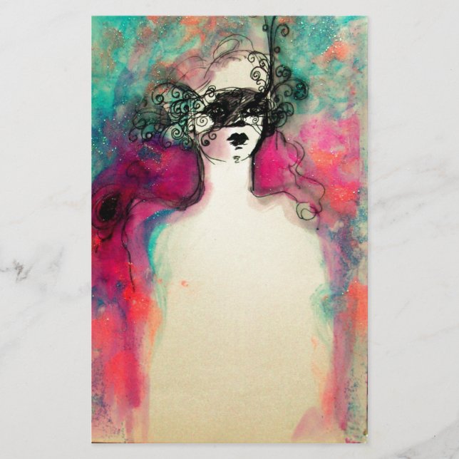 CHARM /Lady With Mask,Pink Teal Green Stationery (Front)