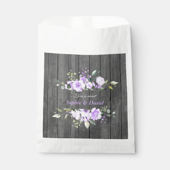 Charm Lavender Floral Barn Wood Wedding Favour Bags (Front)