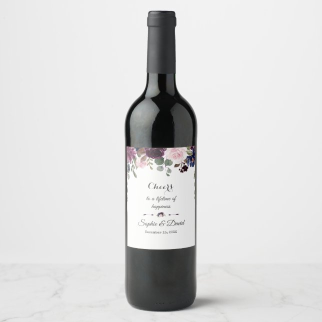Charm Lavender Navy Blue Floral Bloom Wedding Wine Label (Front)