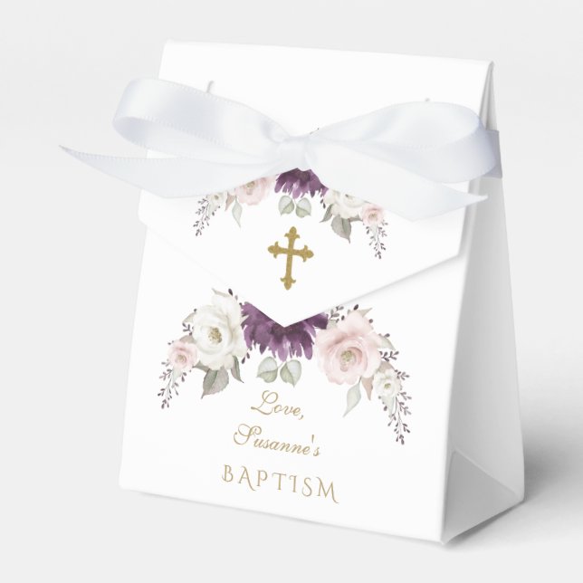 Charm Lavender Pink Blush Flowers Monogram Baptism Favour Box (Front Side)