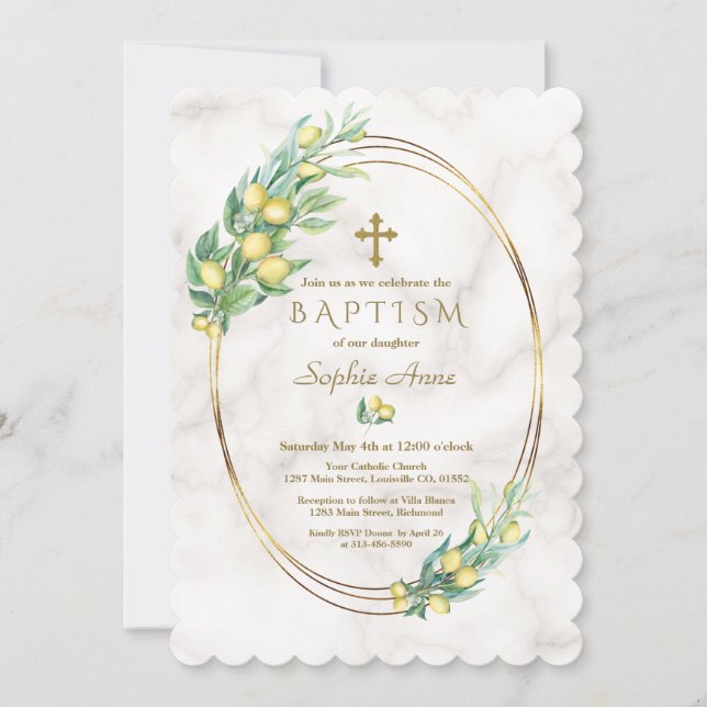 Charm Lemon Fruits Marble Gold Cross Baptism Invitation (Front)