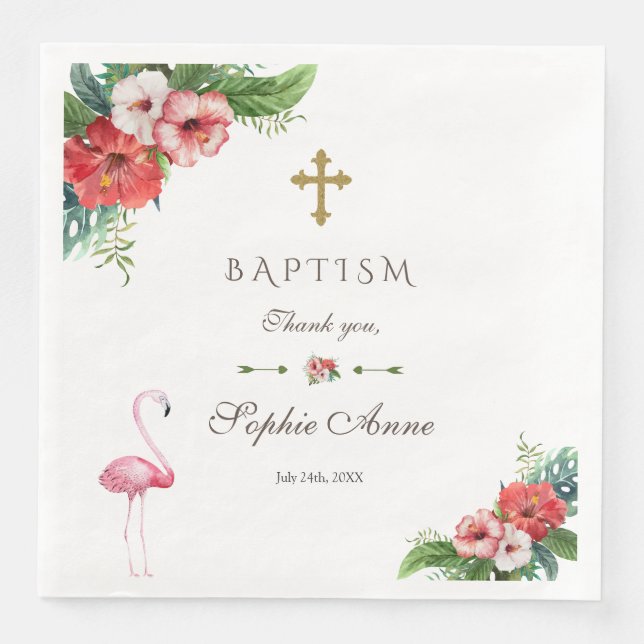 Charm Luau Flamingo Tropical Floral Baptism Invite Napkin (Front)