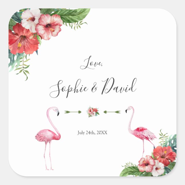 Charm Luau Flamingo Tropical Floral Wedding Square Sticker (Front)