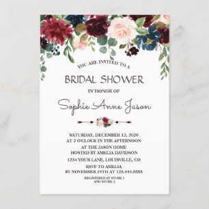 Charm Merlot Navy Blue Floral Bridal Shower Invitation