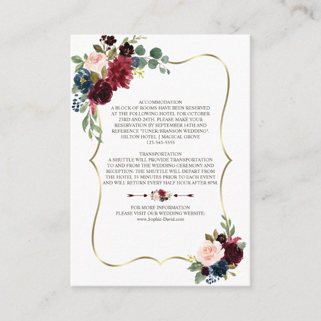 Charm Merlot Navy Blue Floral Wedding Details Enclosure Card (Front)