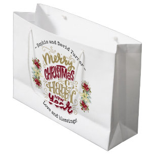Charm Merry Christmas Happy New Year Typography Large Gift Bag