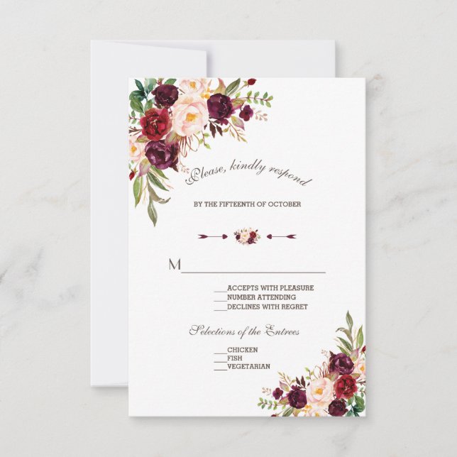 Charm Navy Blue Burgundy Floral Wedding RSVP Card (Front)