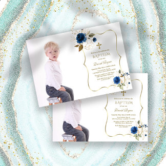 Charm Navy Blue Floral Gold Boy Photo Baptism Invitation