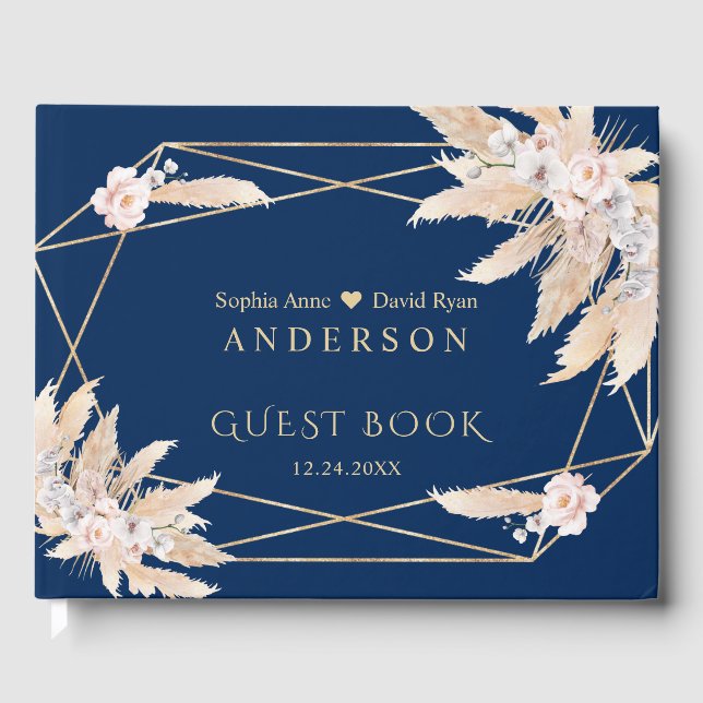 Charm Pampas Grass White Orchid Flowers Wedding  Guest Book (Front)