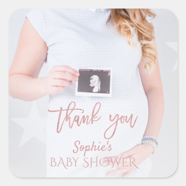 Charm Photo Baby Shower Rose Gold Thank you Square Sticker (Front)