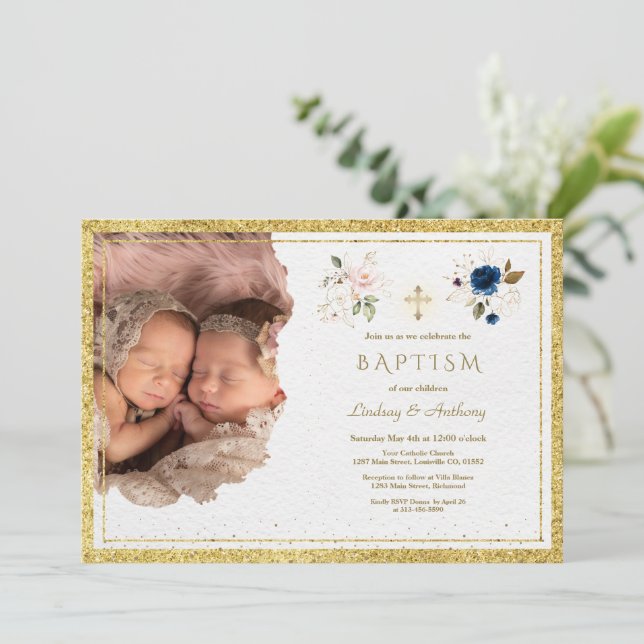 Charm Pink Blue Gold Floral Twins Photo Baptism Invitation (Standing Front)