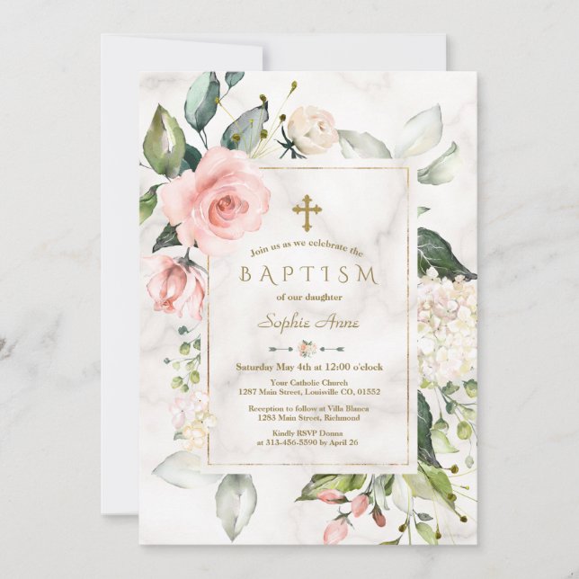 Charm Pink Blush Cream Floral Marble Gold Baptism Invitation (Front)