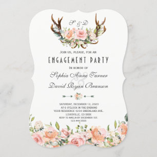 Charm Pink Blush Floral Antlers Engagement Party Invitation