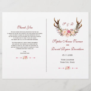 Charm Pink Blush Floral Antlers Wedding Program