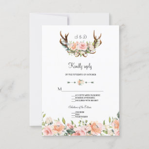 Charm Pink Blush Floral Antlers Wedding RSVP Card