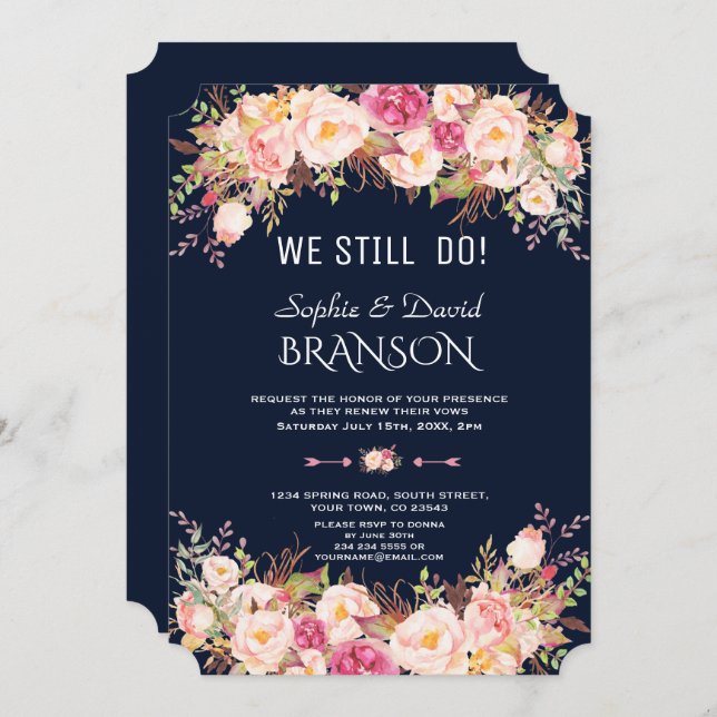 Charm Pink Blush Floral Dark Blue WE STILL DO Invitation (Front/Back)