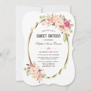Charm Pink Blush Floral Gold Frame  Sweet 16 Invitation