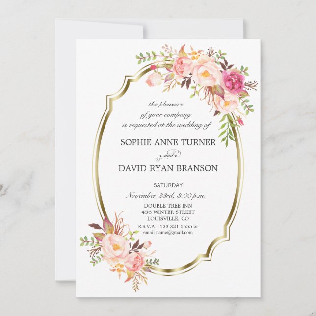 Charm Pink Blush Floral Gold Frame Wedding Invitation (Front)