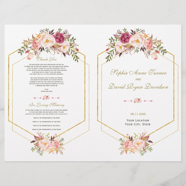Charm Pink Blush Floral Gold Frame Wedding Program Flyer (Front)