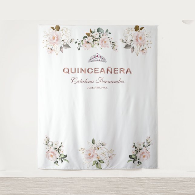 Charm Pink Blush Floral Rose Gold QUINCEAÑERA Prop Tapestry (Front)
