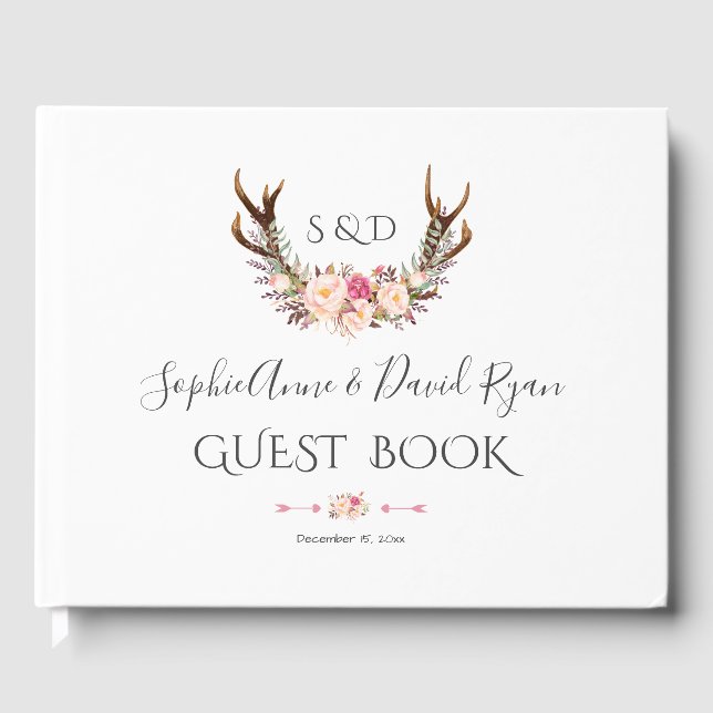 Charm Pink Blush Flowers Antlers Wedding Guest Book (Front)