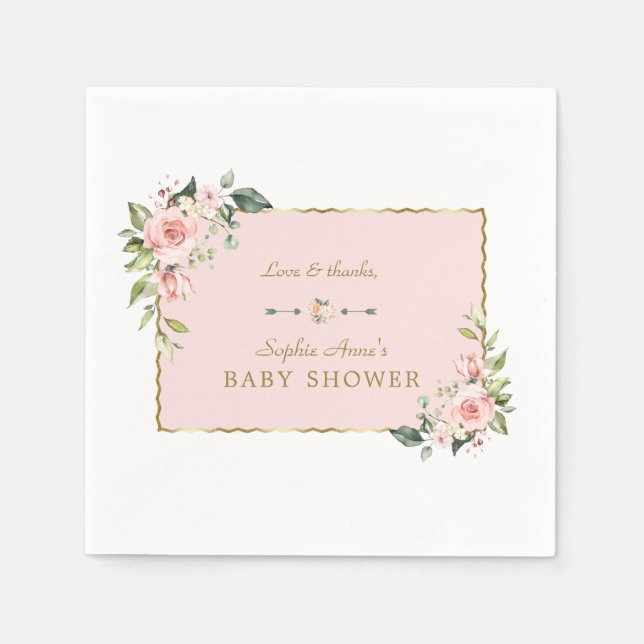 Charm Pink Blush Flowers Gold Frame Baby Shower Napkin (Front)