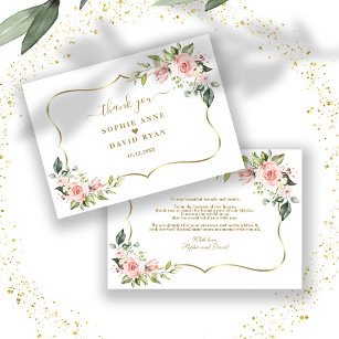 Charm Pink Blush Flowers Gold Frame Wedding Thank You Card