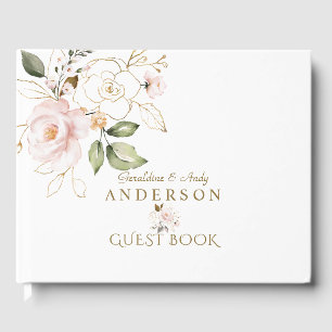 Charm Pink Blush Gold Flowers Monogram Wedding  Guest Book
