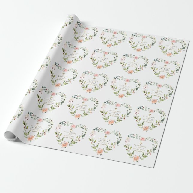 Charm Pink Blush Heart Floral He Is Risen Easter Wrapping Paper (Unrolled)