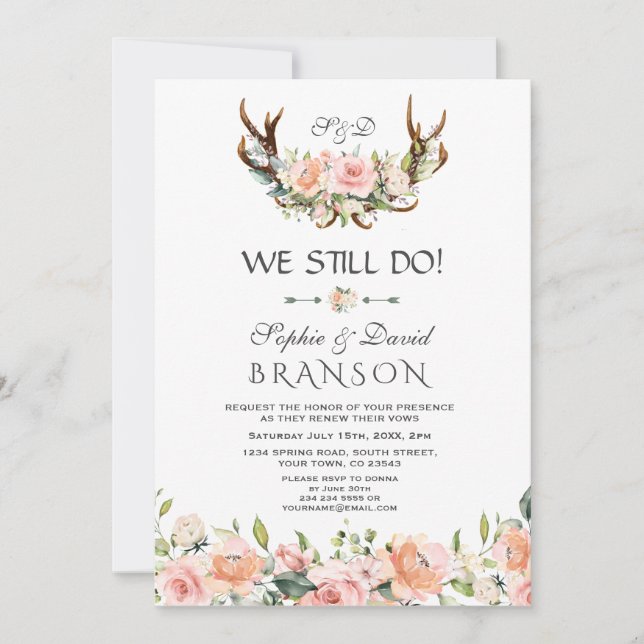 Charm Pink Cream Floral Antlers WE STILL DO Invitation (Front)