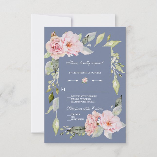 Charm Pink Floral Dusty Blue Wedding RSVP (Front)