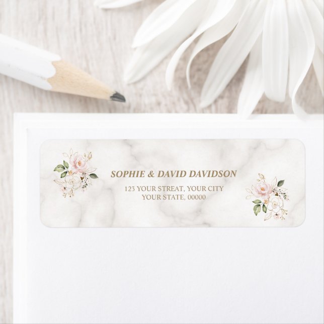 Charm Pink Gold Flowers Baptism Return Address  (Insitu)