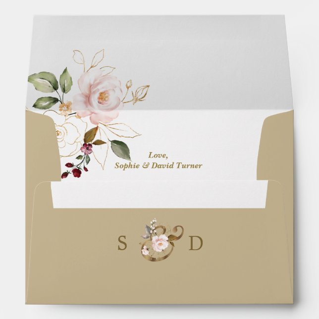 Charm Pink Gold Flowers Monogram Wedding Envelope (Back (Bottom))